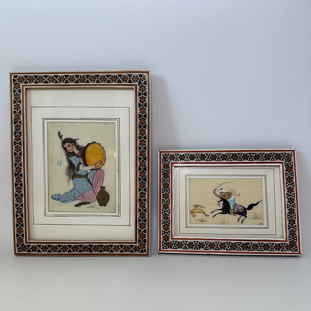 VTG Persian Camel Bone Art Mosaic Framed Art Set of 2 Beautiful‎